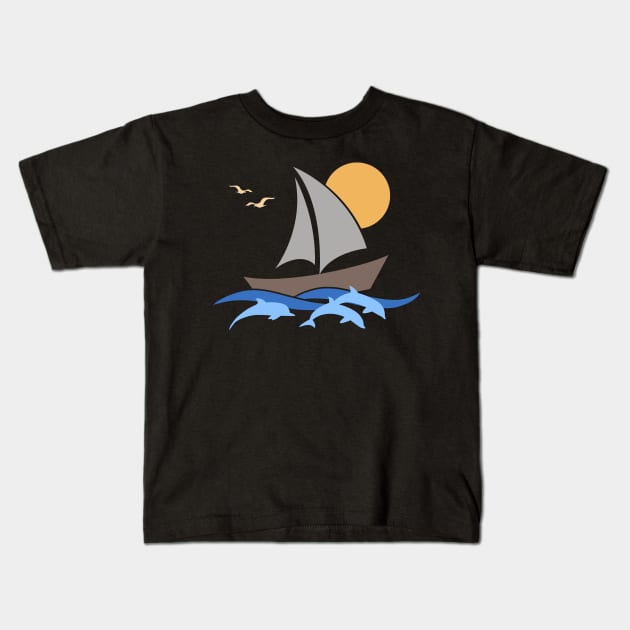 Sailboat Scene with Dolphins Kids T-Shirt by TeaTimeTs